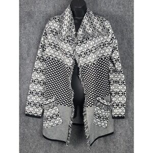 Jillian Nicole Medium Open Front Fringe Trim Cardigan Black White Geometric Work